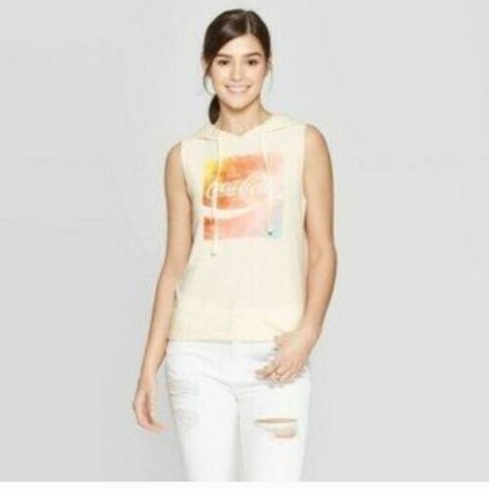 Coca-Cola EUC Women's Cream and Orange Sleeveless Hoodie Size Small